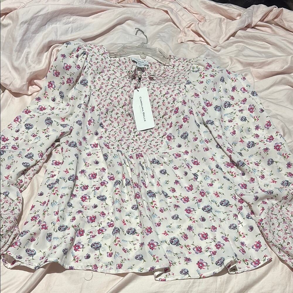 Carolina Belle Pink and White Long Sleeve Peplum Blouse